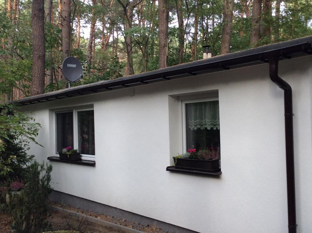 ein weißes Haus mit zwei Fenstern und Blumenkästen in der Unterkunft Ferienhaus Prieros in Heidesee