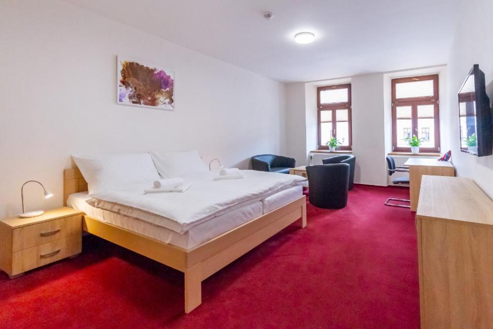 スヴィタヴィにあるHotel Ungarの赤いカーペットフロアのベッドルーム1室(ベッド1台付)