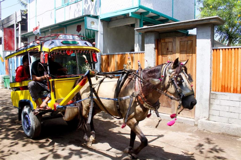 a horse pulling a yellow cart with a man at Rose Homestay in Gili Trawangan