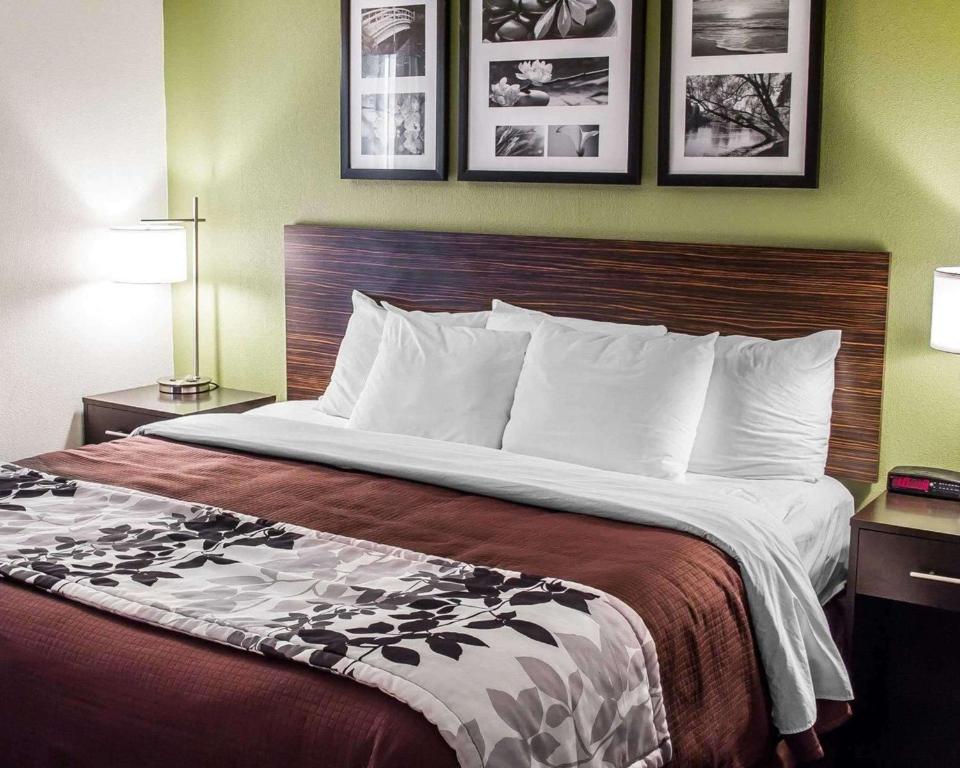 a bedroom with a large bed with two night stands and two lamps at Sleep Inn & Suites Roseburg North Near Medical Center in Roseburg