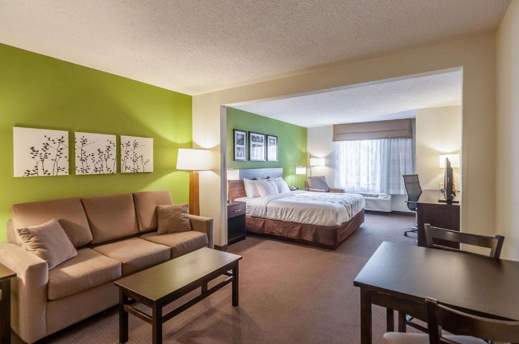 a hotel room with a bed and a couch at Sleep Inn & Suites Harrisonburg near University in Harrisonburg