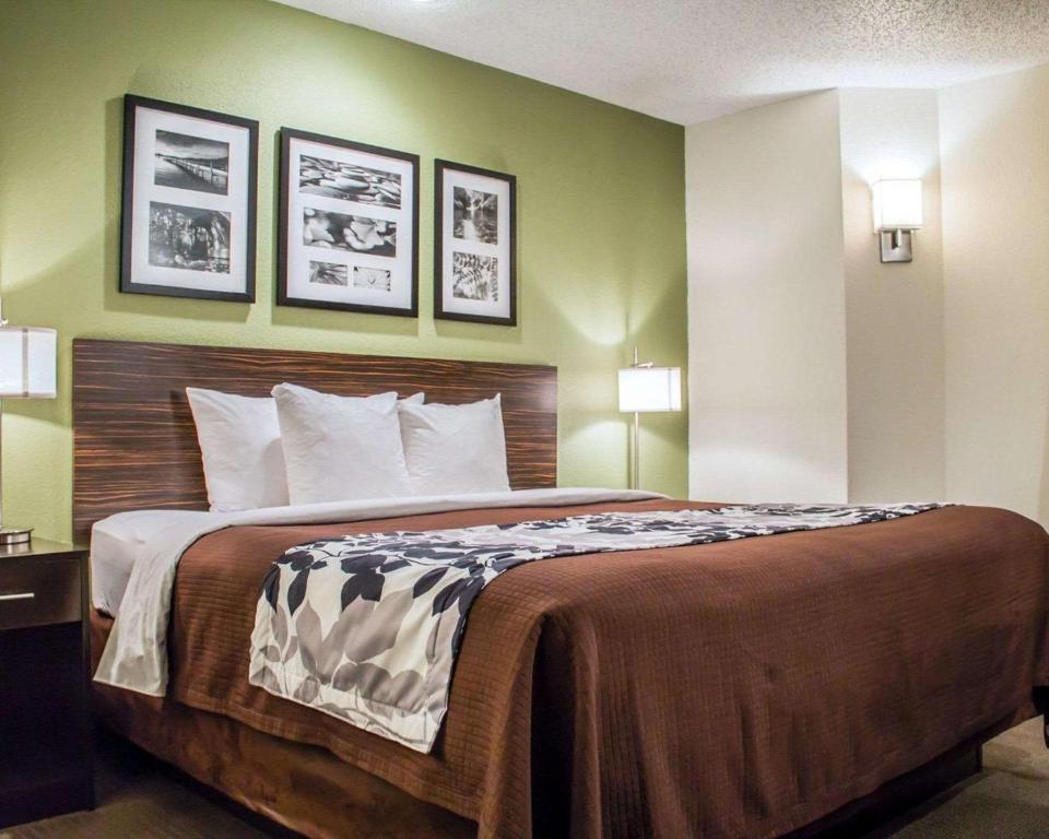 a bedroom with a large bed with two pictures on the wall at Sleep Inn in Summersville