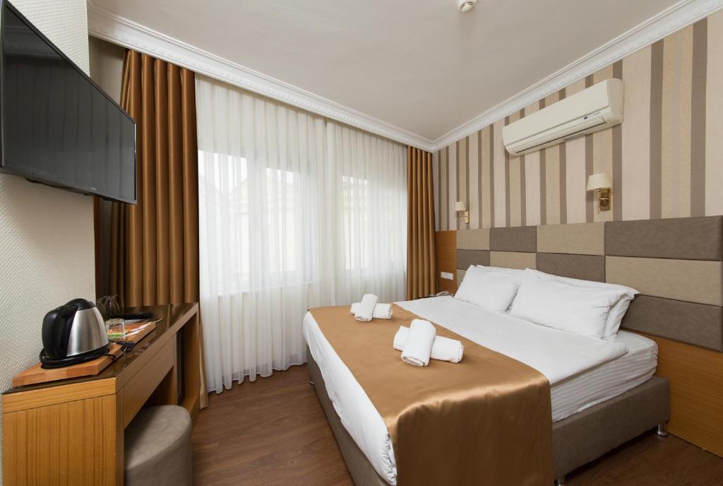 イスタンブールにあるアスパレス ホテル ジ イスタンブール オールド シティのベッド1台、薄型テレビが備わるホテルルームです。