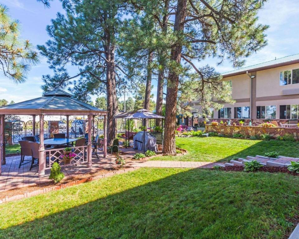 un patio trasero con cenador y árboles en West End Lodge en Pagosa Springs