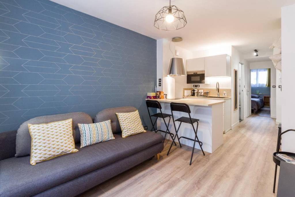 un salon avec un canapé et une cuisine dans l'établissement Calme appart rénové Jardin des Plantes Busca, à Toulouse