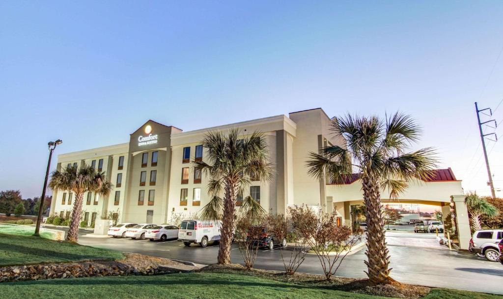 a hotel with palm trees in front of a parking lot at Comfort Inn & Suites Athens in Athens