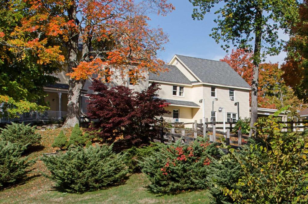 ein Haus mit Weihnachtsbäumen im Hof in der Unterkunft Econo Lodge Sturbridge Route 20 in Sturbridge