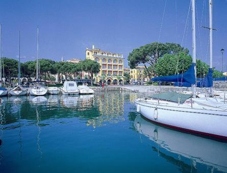 eine Gruppe von Booten, die in einem Hafen mit einem Gebäude angedockt sind in der Unterkunft Hotel Vittorio in Desenzano del Garda