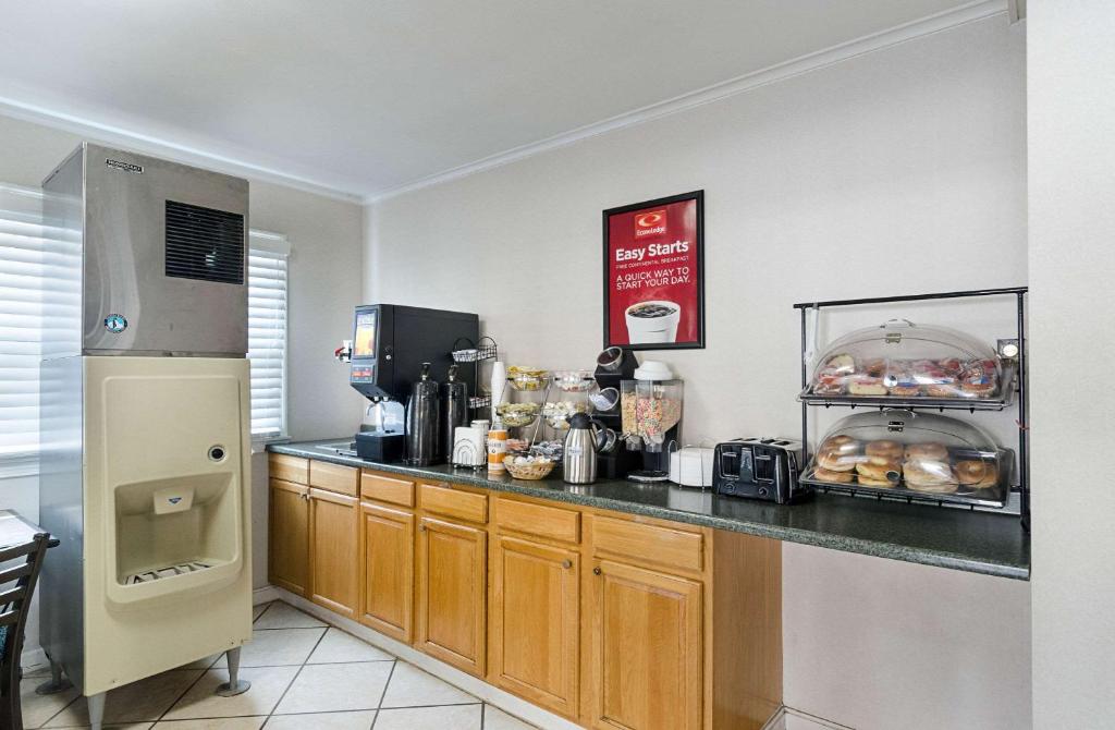 eine Küche mit Arbeitsplatte und Kühlschrank in der Unterkunft Econo Lodge Sturbridge Route 20 in Sturbridge