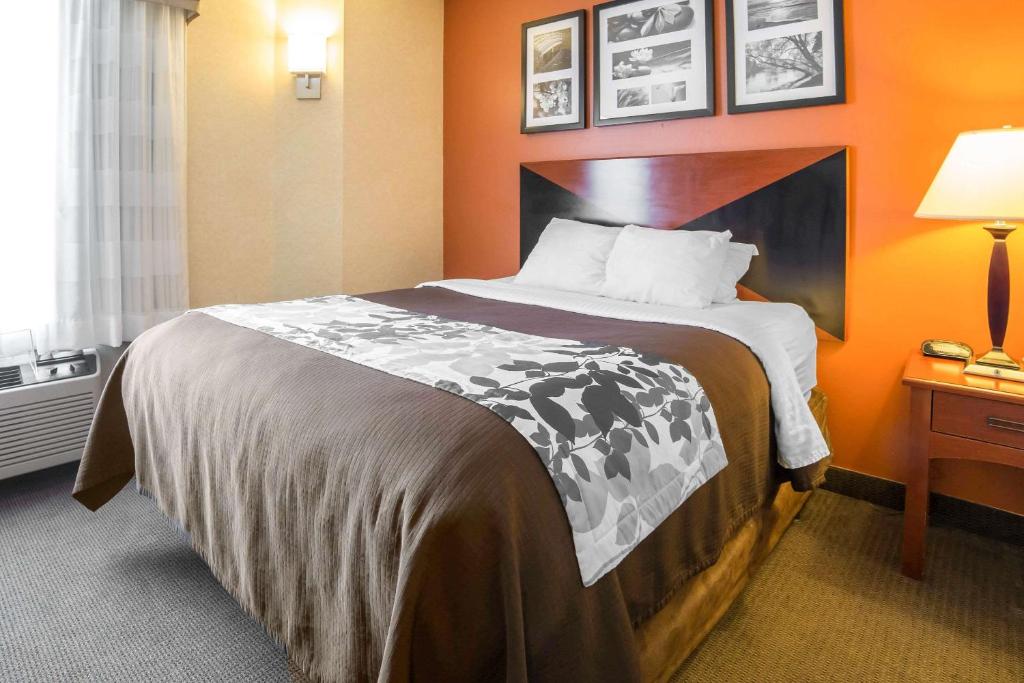 a large bed in a hotel room with orange walls at Sleep Inn Billings in Billings