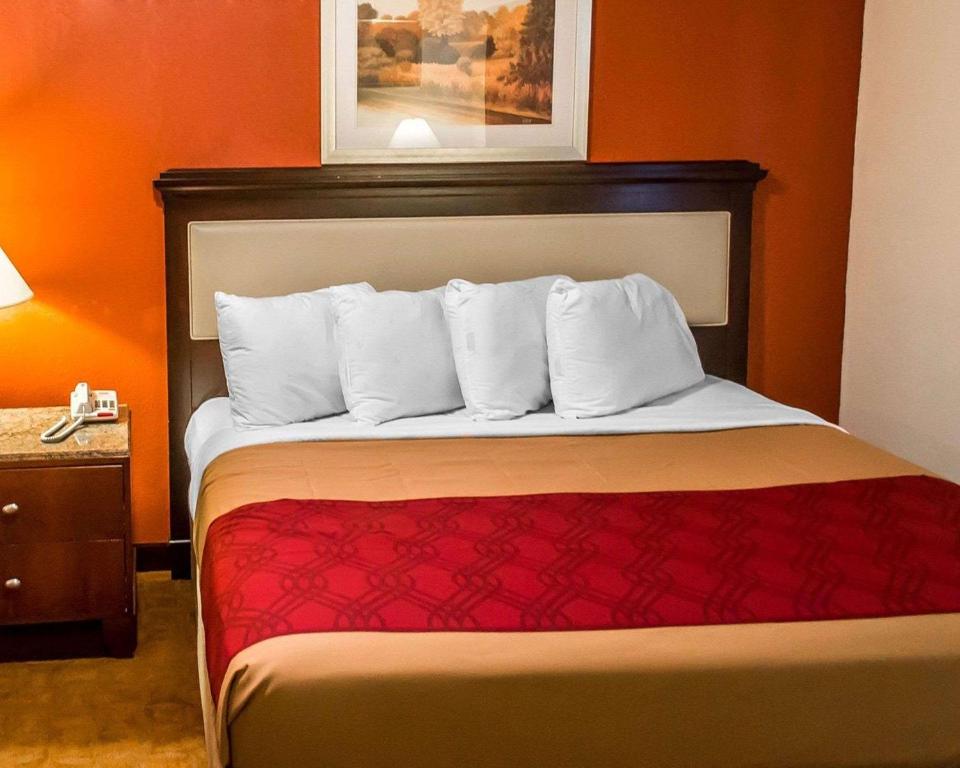 Habitación de hotel con cama con almohadas blancas en Economy Inn & Suites en Warren