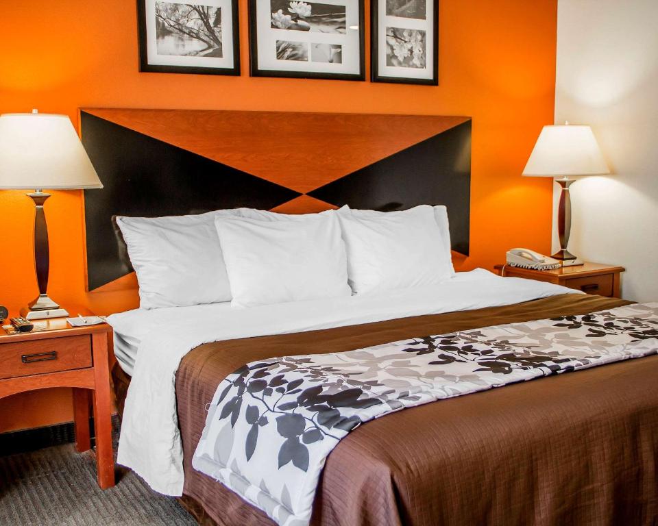 Habitación de hotel con 1 cama grande y 2 lámparas en Sleep Inn & Suites Oklahoma City Northwest, en Oklahoma City
