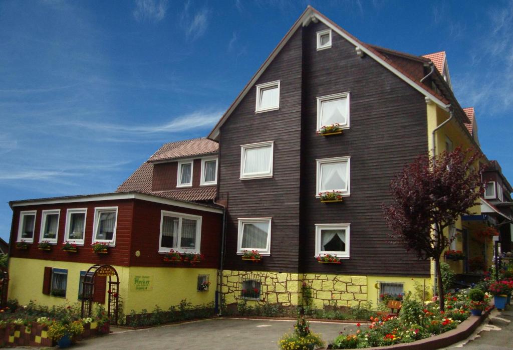 ブラウンラーゲにあるHotel Hecker Braunlageの白い窓のある茶色の大きな家