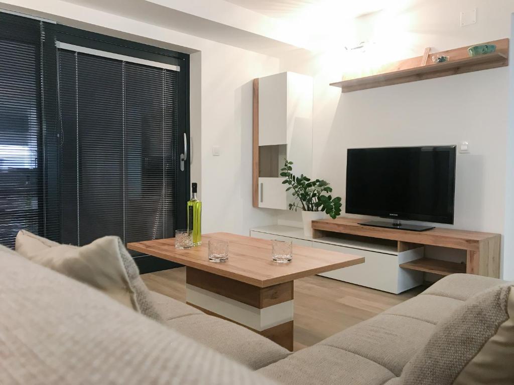 a living room with a couch and a tv at Apartment Tosca near Vintgar and Lake Bled in Zgornje Gorje