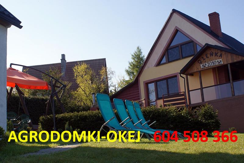 parę niebieskich krzeseł przed domem w obiekcie Agrodomki Okej - Dom Oleńka w mieście Gardna Wielka
