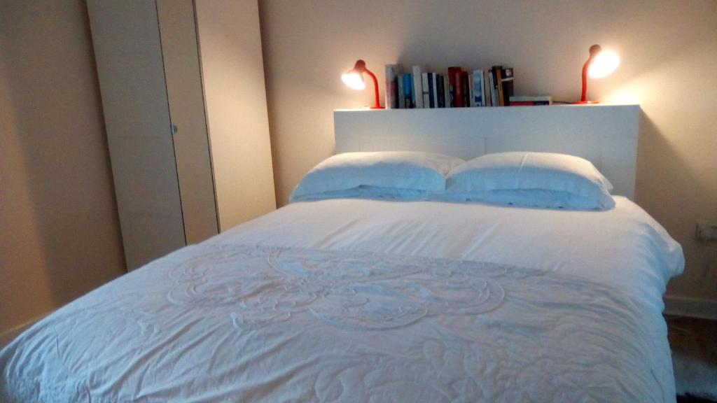 una camera da letto con un letto bianco con due cuscini blu di Highfield Cottage a Kirknewton