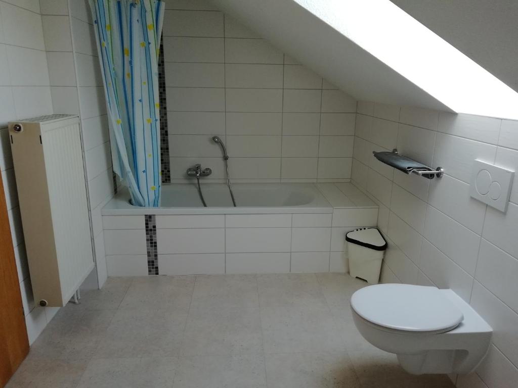 a bathroom with a toilet and a bath tub at Ferienwohnung am Torbogen Nr.1 in Lübbenau