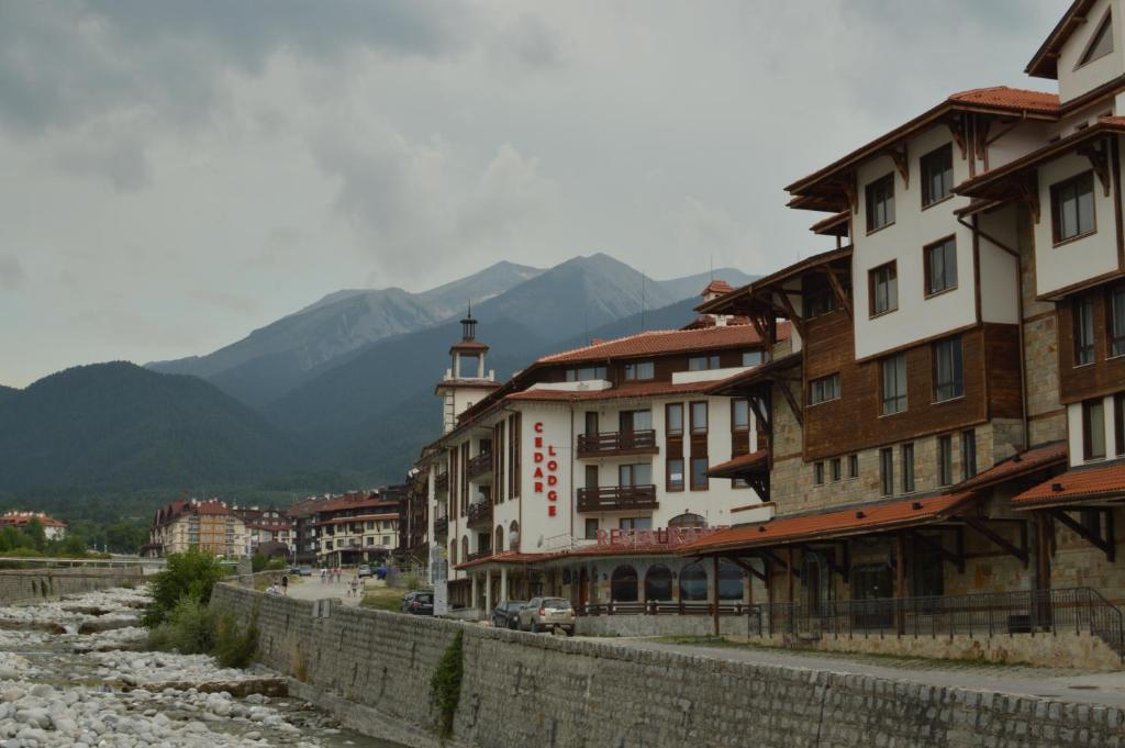 a group of buildings next to a river with mountains at Ski Apartment D50 Cedar Lodge 4 in Bansko