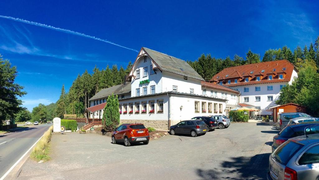 ein großes weißes Gebäude mit Autos auf einem Parkplatz in der Unterkunft Hotel Rodebachmühle in Georgenthal