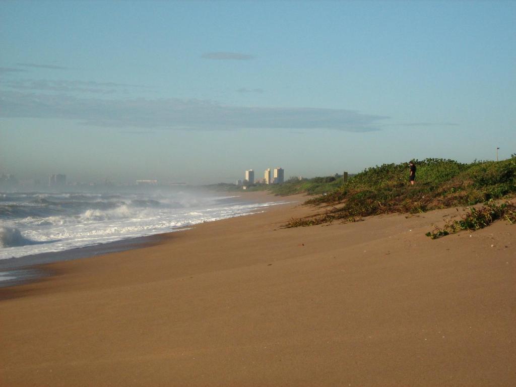 una spiaggia con l'oceano e edifici sullo sfondo di Glenashley Beach Accommodation - B&B and Backpackers a Durban
