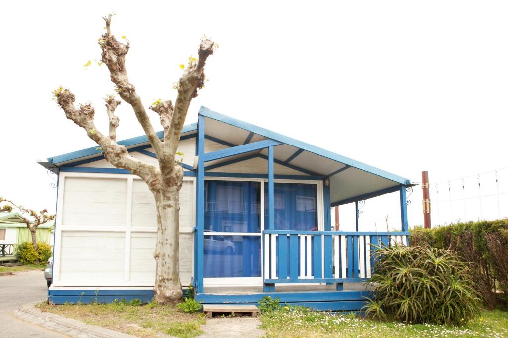 una casa azul y blanca con un árbol en Camping Os Fieitás, en O Grove