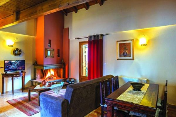 a living room with a couch and a fireplace at Odos Oneiron in Arachova