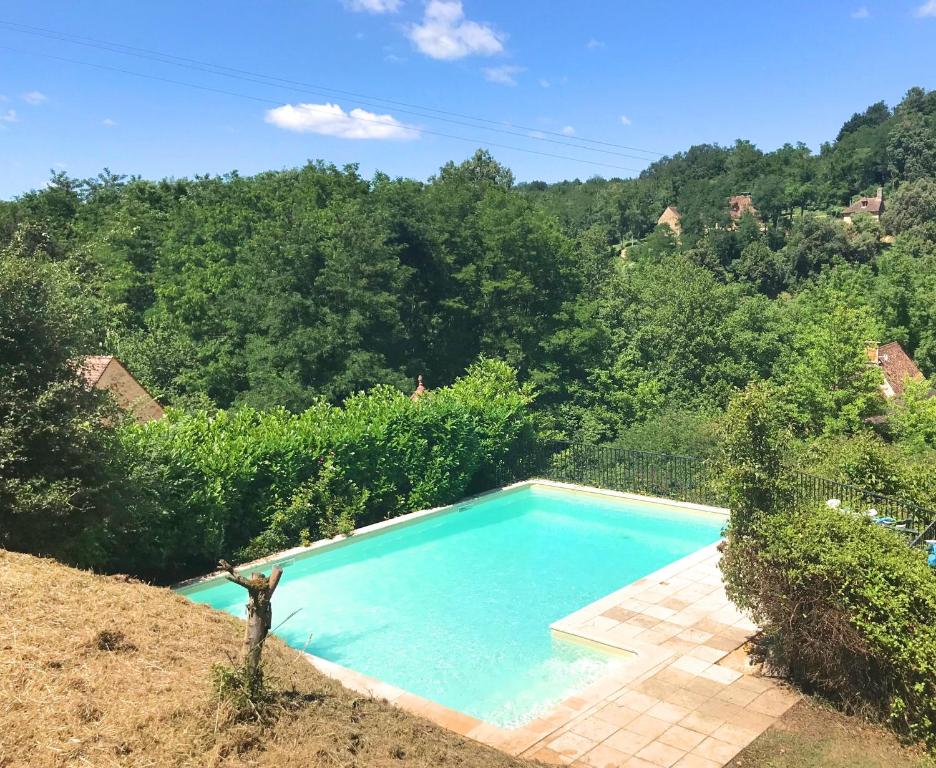 a blue swimming pool in the middle of a hill at Maison La Mouline in Groléjac