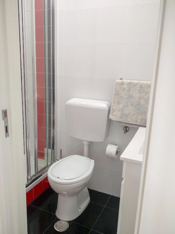 a small bathroom with a toilet and a shower at Casa da Tia Adozinda in Lisbon