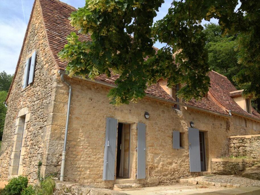 um velho edifício de tijolos com uma porta e uma árvore em Maison Milou em Beynac-et-Cazenac