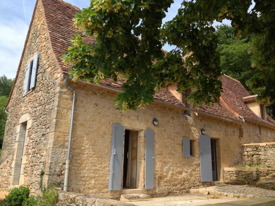 an old brick building with a door and a tree at Maison Milou in Beynac-et-Cazenac