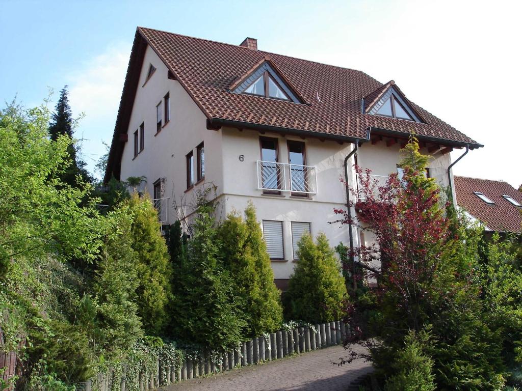 a white house with a brown roof at Ferienwohnung Rehgarten in Momlingen