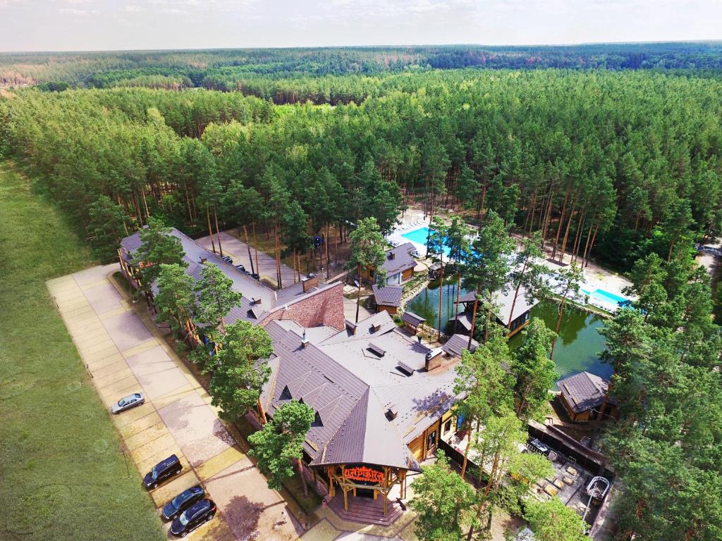an aerial view of a house with a swimming pool at Carivka Hotel in Tsarivka