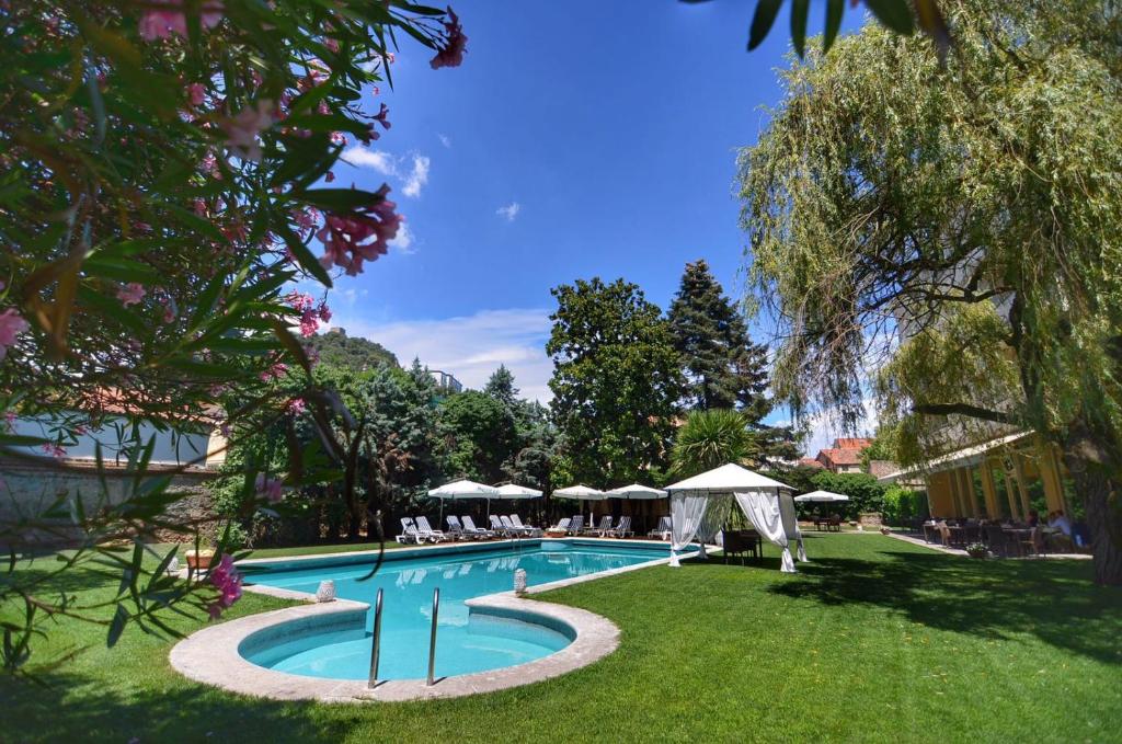 una piscina en un patio con sillas y sombrillas en Blue Dream Hotel, en Monselice