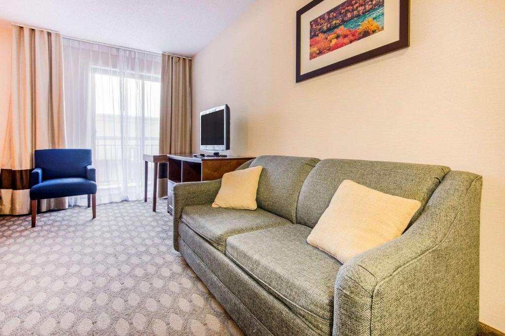 a living room with a couch and a television at Comfort Inn Fallsview in Niagara Falls