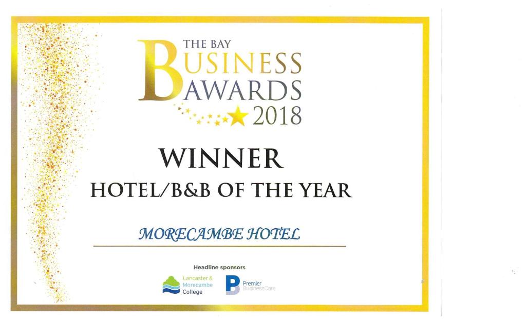 Certifikát, hodnocení, plakát nebo jiný dokument vystavený v ubytování The Morecambe Hotel