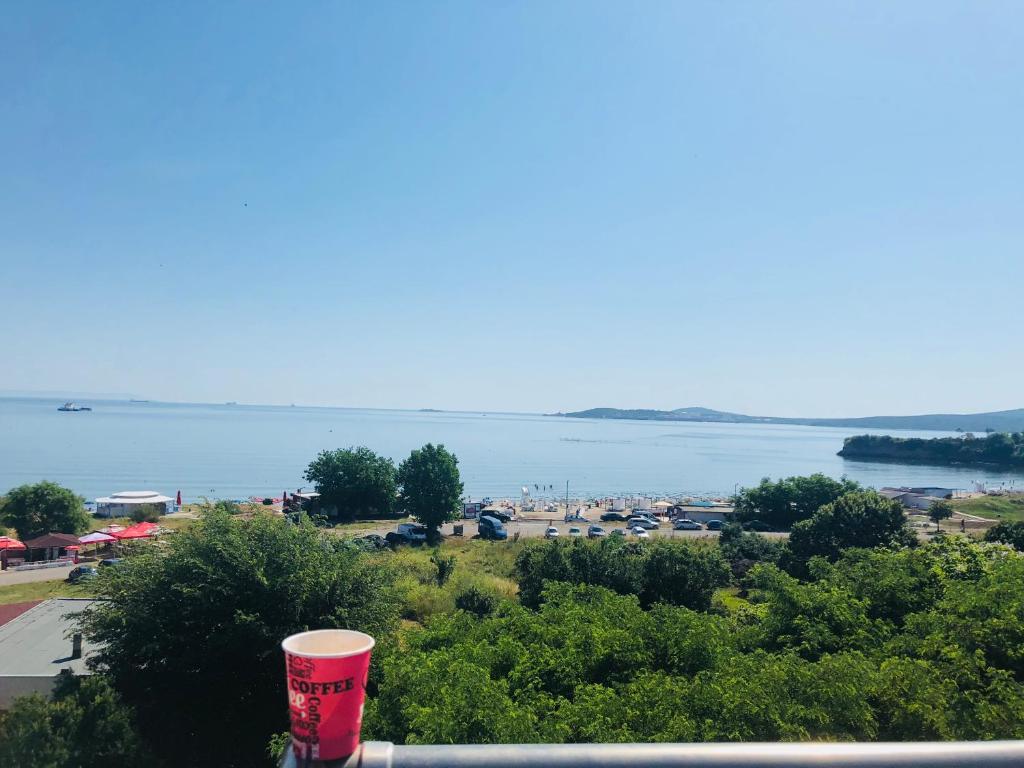 kubek do picia siedzący na górze z widokiem na wodę w obiekcie Vista Sul Mare w Burgas