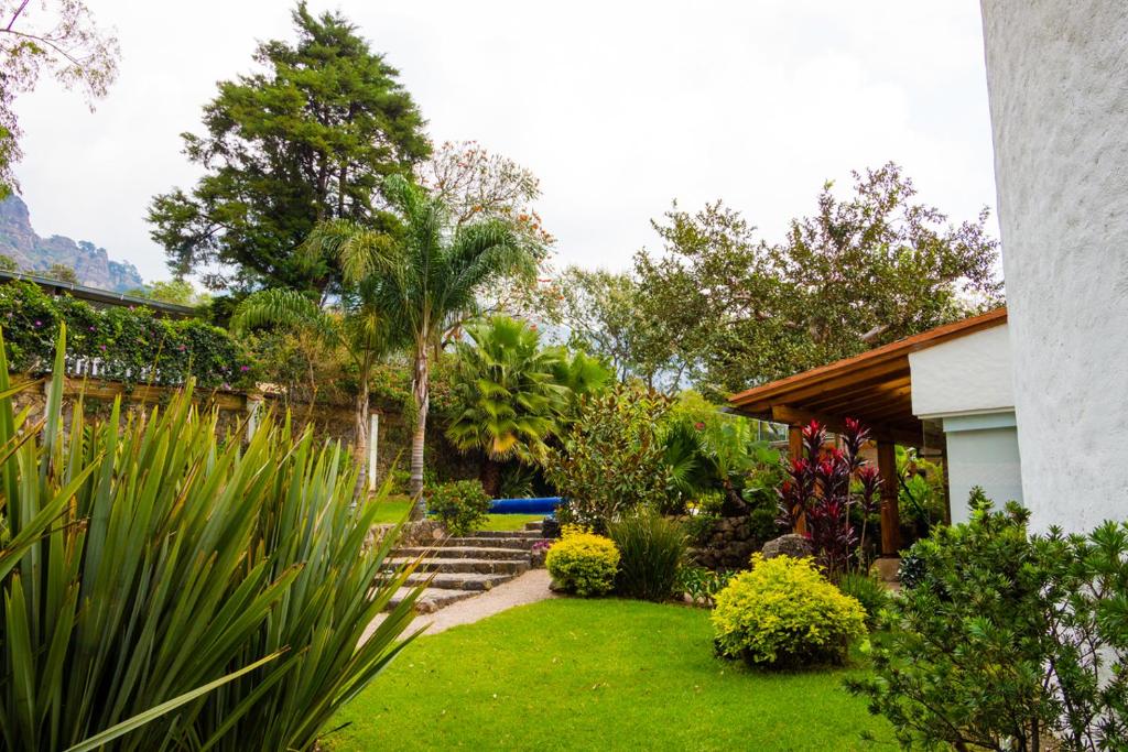 un jardín con césped verde y árboles y una casa en Finca Catalina Hotel Boutique en Tepoztlán