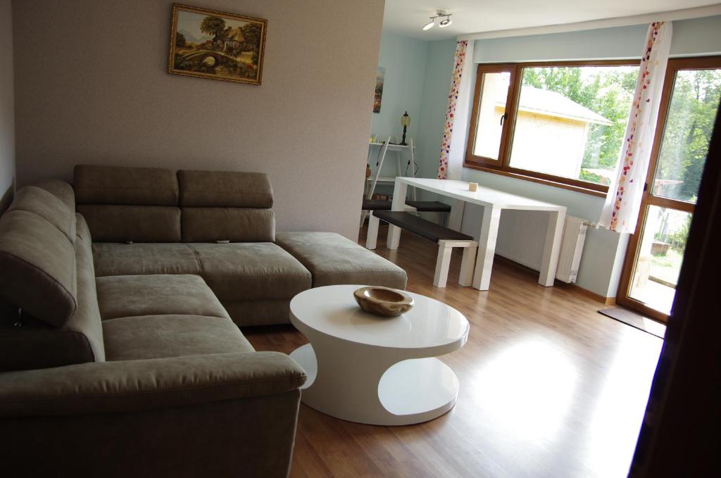 Oberbränd的住宿－Ferienwohnung " MILA" in Schwarzwald near Titisee，客厅配有沙发和桌子