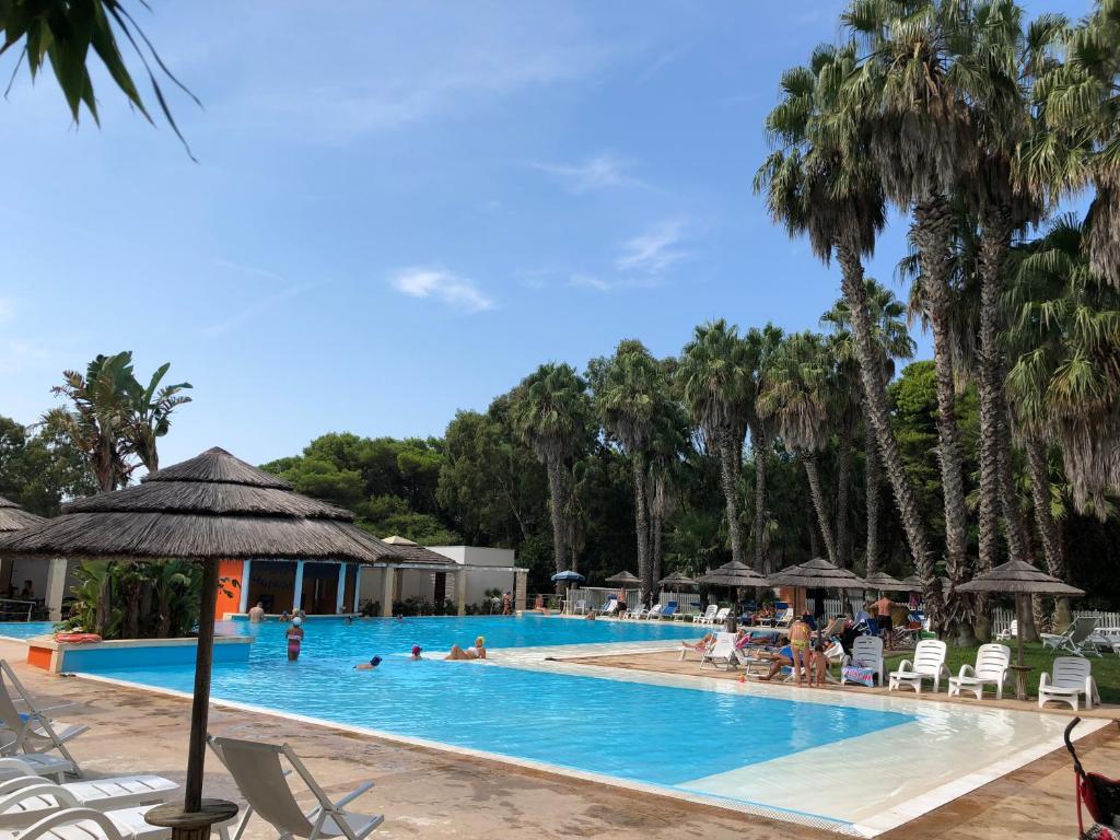 una grande piscina con palme sullo sfondo di Villa Azzurra a Conca Specchiulla