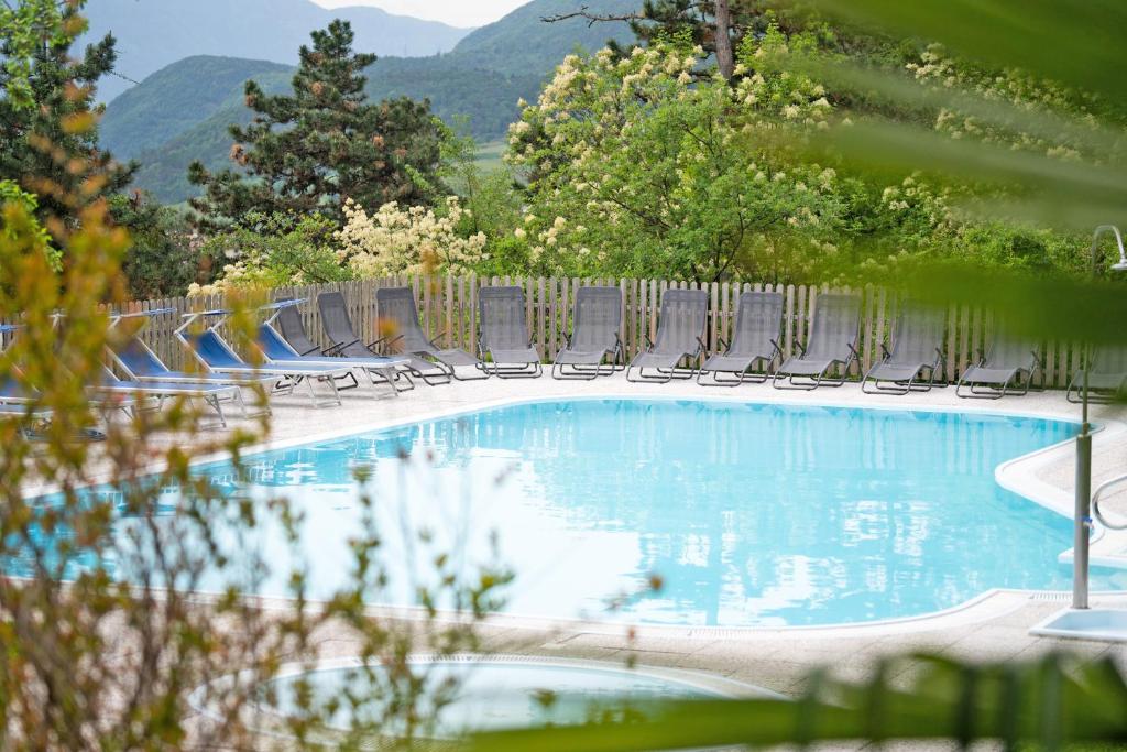 a swimming pool with chairs and mountains in the background at Residence Tannhof in Caldaro
