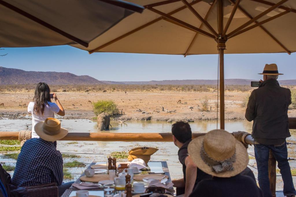 a group of people sitting under an umbrella looking at a giraffe at Tau Game Lodge in Madikwe Game Reserve