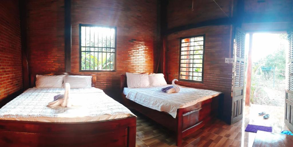 Quan TomにあるCat Tien Farmer Lodgeのベッド2台と窓2つが備わる客室です。