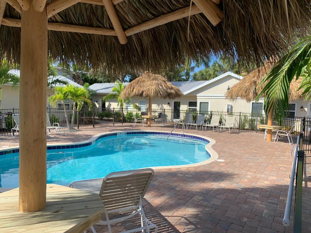 a patio area with a pool, chairs, and a tree at Twin Palms at Siesta in Siesta Key