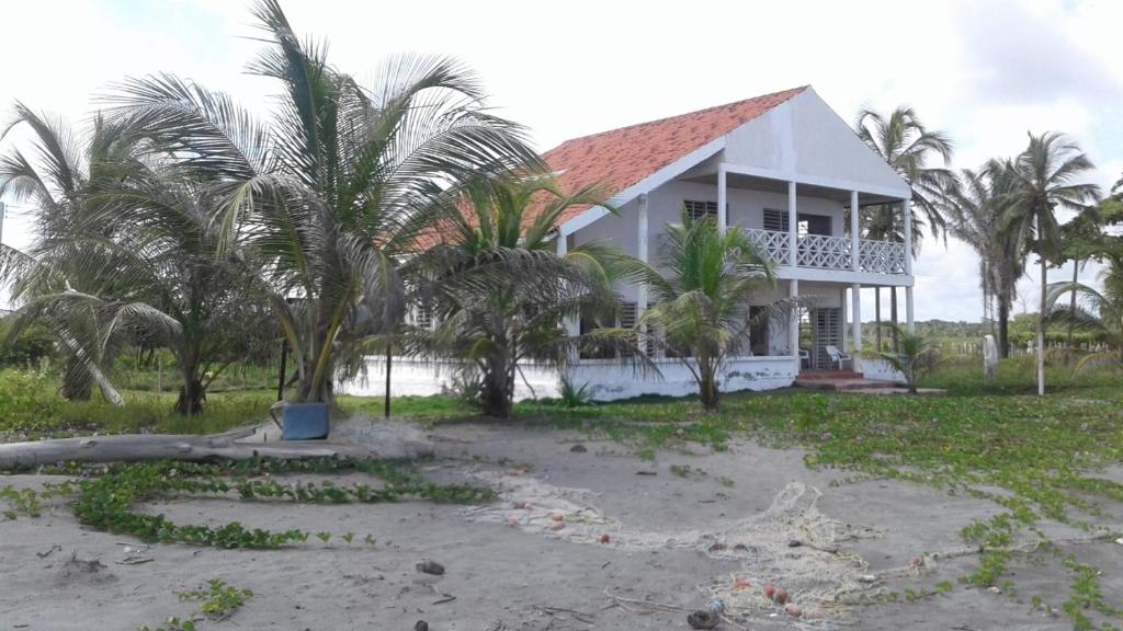 una casa en la playa con palmeras en Cabaña Playa De Los Venados, en San Bernardo del Viento
