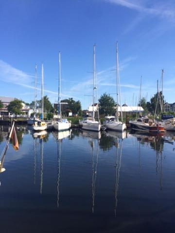 eine Gruppe von Booten, die in einem Hafen angedockt sind in der Unterkunft Ferienhaus am Yachthafen in Greifswald