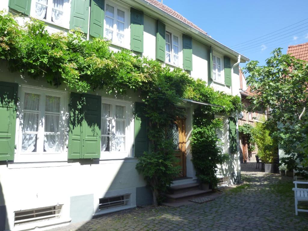 ノイシュタット・アン・デア・ヴァインシュトラーセにあるRebstöckel Gästehaus WeinHof & Vinothekの緑の襖と蔦の建物