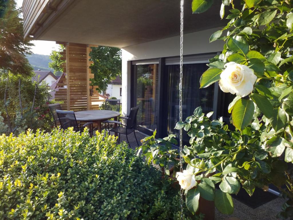 a patio with a table and a flower at Wiedhöhen Ferienwohnung in Roßbach