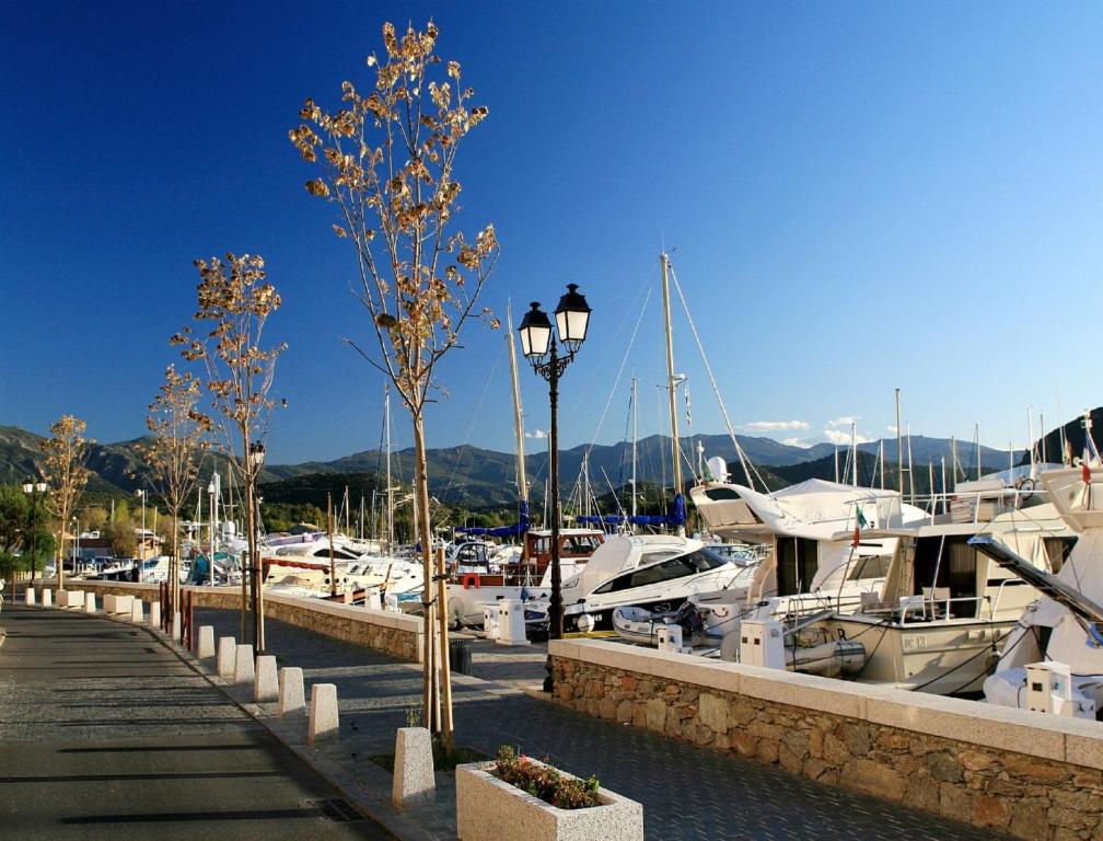 a marina with boats and a street light and trees at Résidence Suarella in Saint-Florent