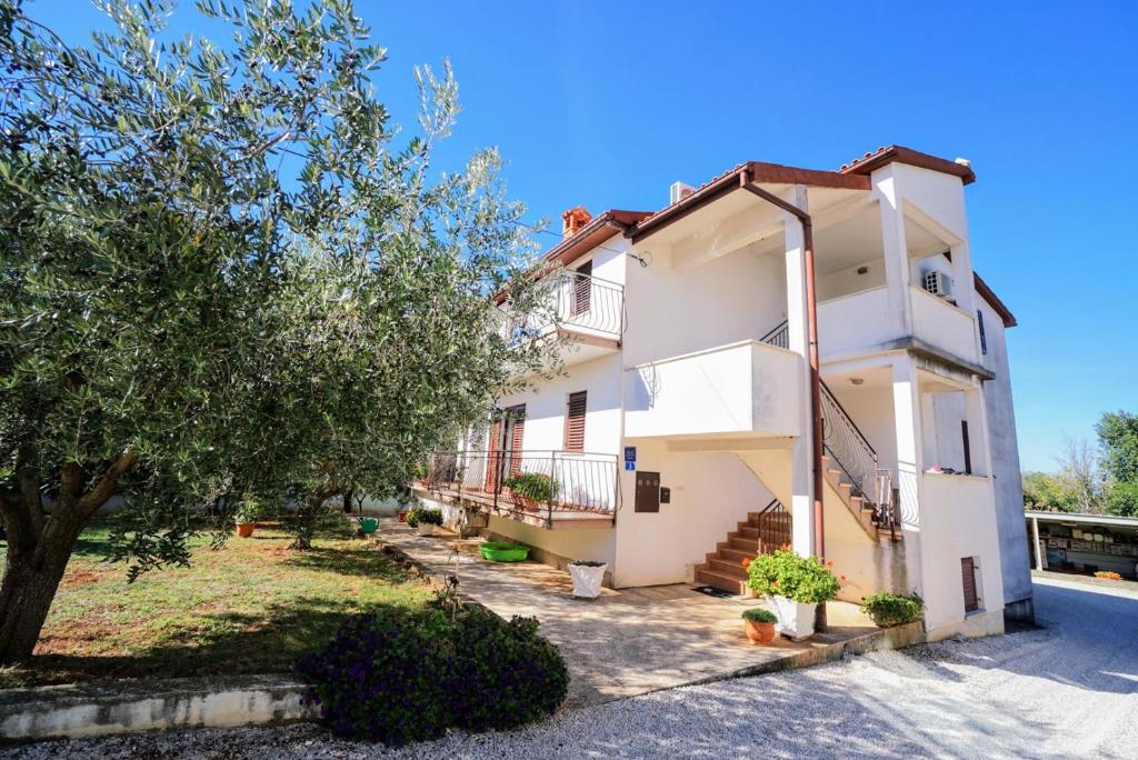 una gran casa blanca con un árbol y un patio en Apartment Daniela, en Savudrija