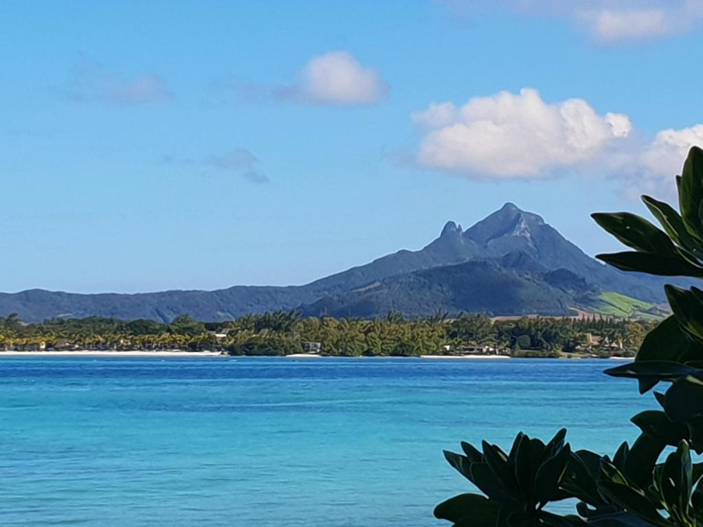 a view of a lake with a mountain in the background at Casa Frangipani Mauritius in Trou dʼ Eau Douce